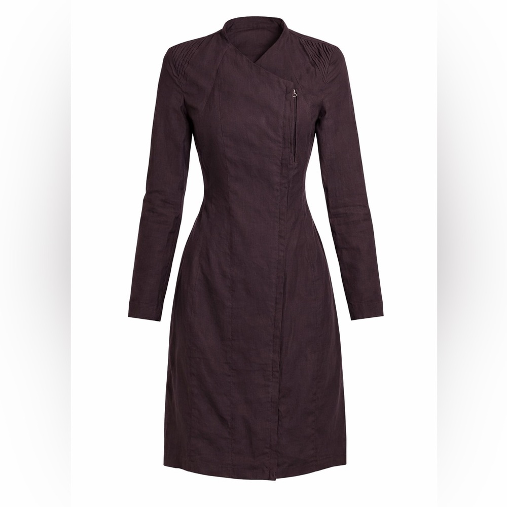 Sarah Pacini Deep Burgundy Zip Front Long Sleeve Linen Blend Dress Womens 0